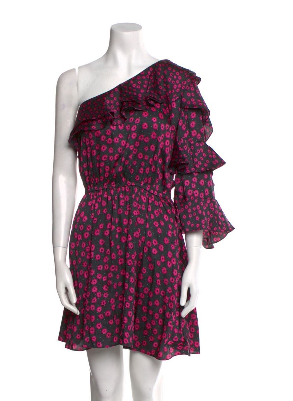 $295 The Kooples Daisy Dots One-Shoulder Dress Black Pink Floral XS NWT